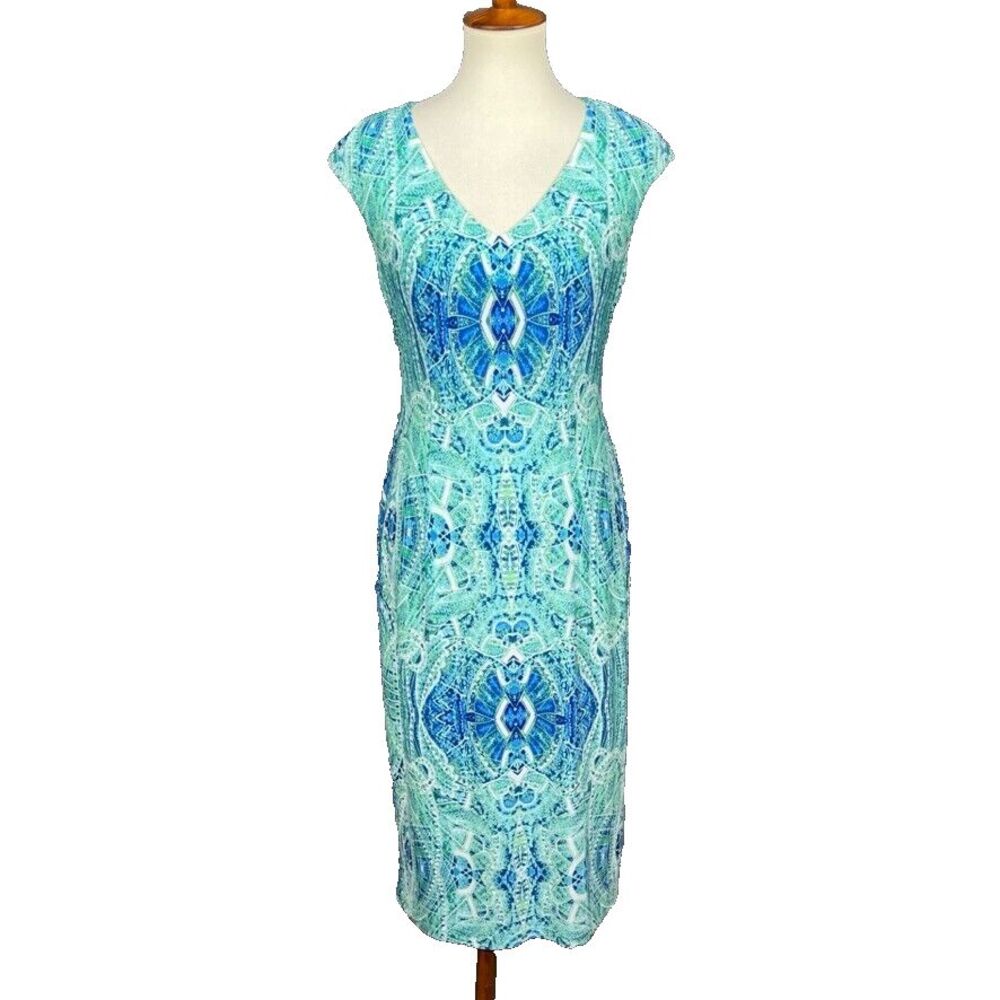 London Times Dress Womens 6 Blue Green Print Column Lined V-Neck Stretch